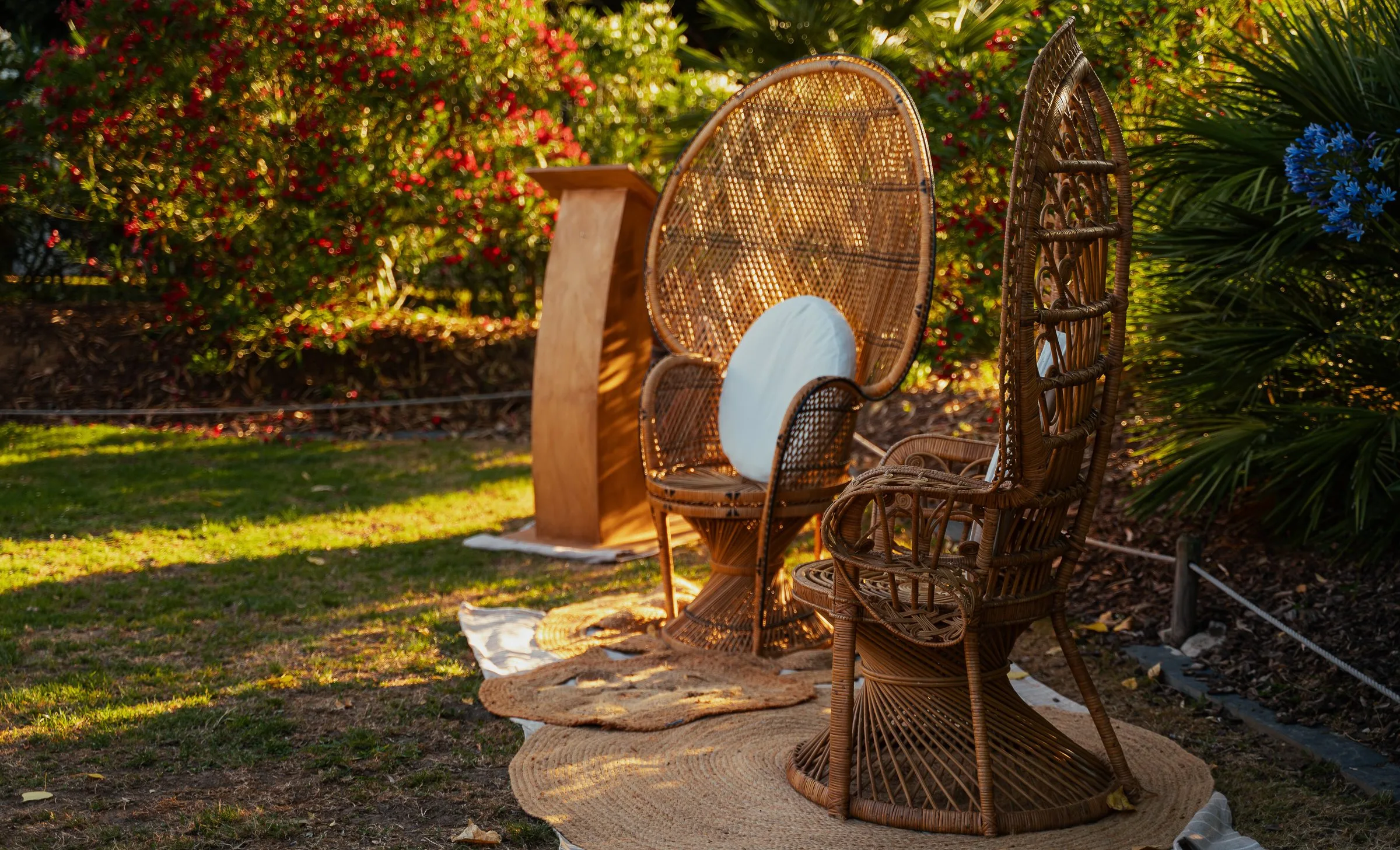 Fauteuils en rotin installés pour la cérémonie laïque dans le jardin