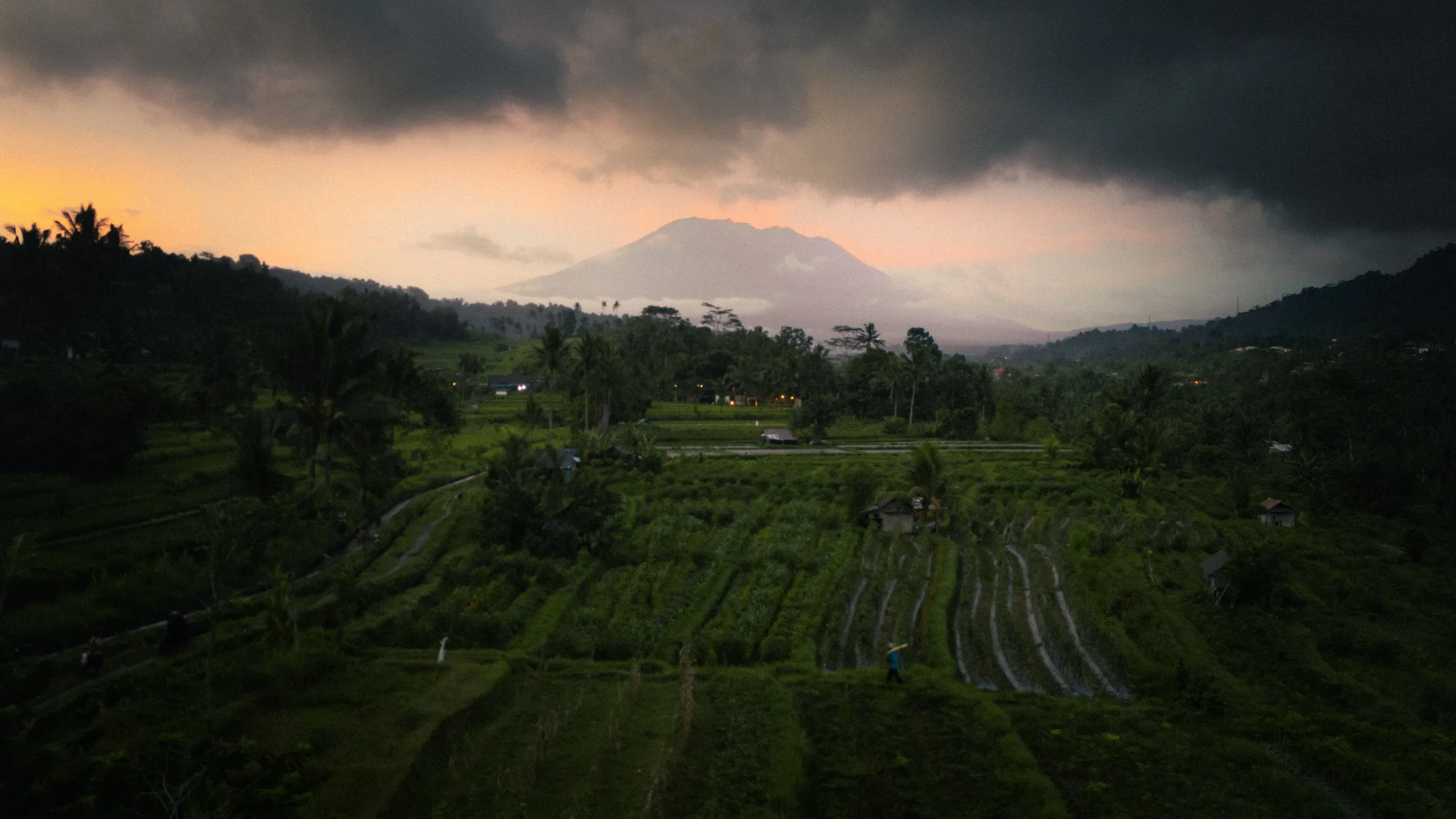 Le volcan au loin, au-dessus des rizières au coucher du soleil