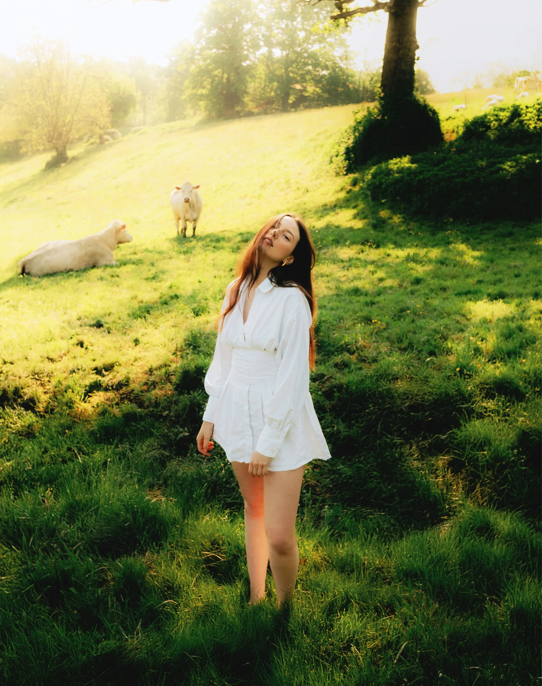 Femme en robe blanche dans une prairie ensoleillée